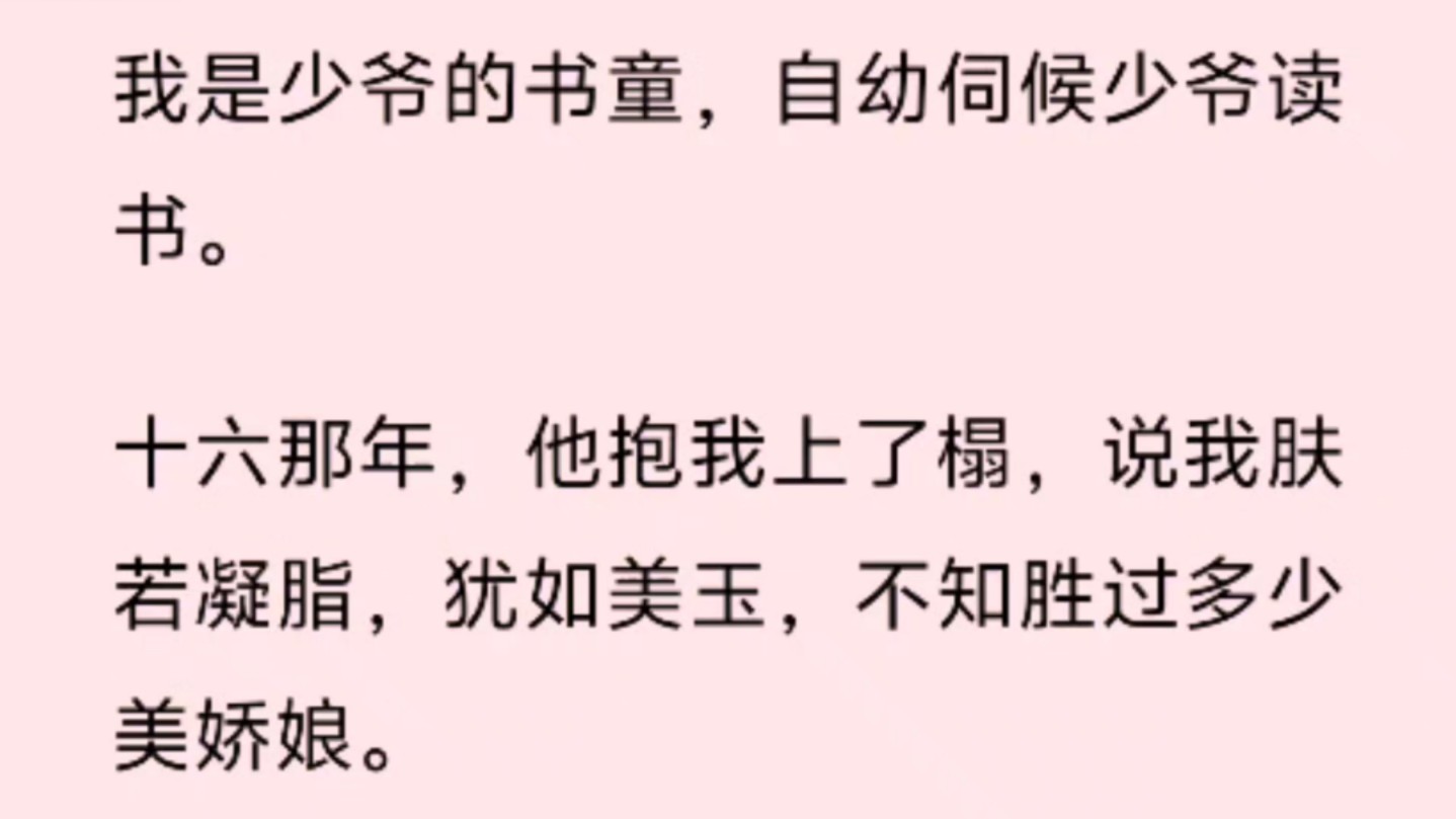 [图]我是少爷的书童，自幼伺候少爷读书。   十六那年，他抱我上了榻，说我肤若凝脂，犹如美玉，不知胜过多少美娇娘。 后来他高中状元，要娶尚书大人家的千金。