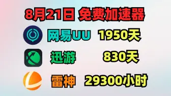 Download Video: 8月21日UU加速器免费1950天兑换码！雷神29300天兑换码！迅游830天！奇游/NN的兑换口令！周卡/月卡/天卡 兑换码！人手一份！ 先到先得！