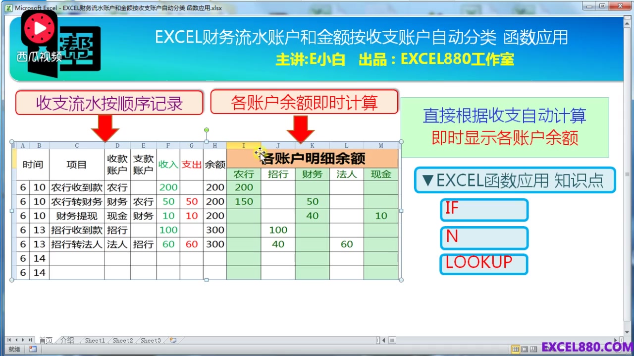 EXCEL财务流水账户和金额按收支账户自动分类 函数应用哔哩哔哩bilibili