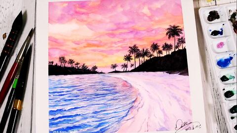 水彩风景】粉色夕阳美景~简单小风景一起画起来~_哔哩哔哩_bilibili