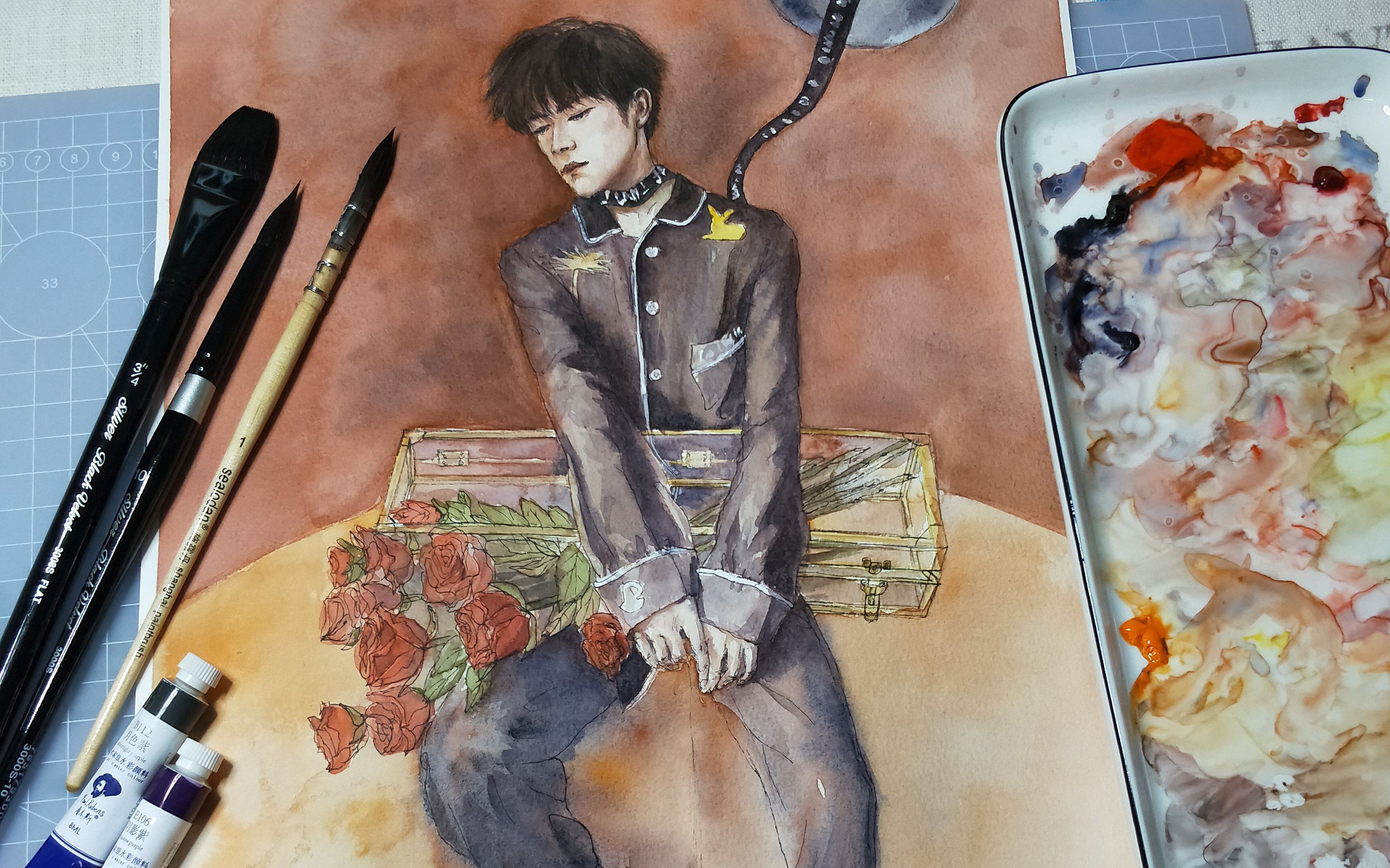 水彩人物绘制过程:易烊千玺全身像