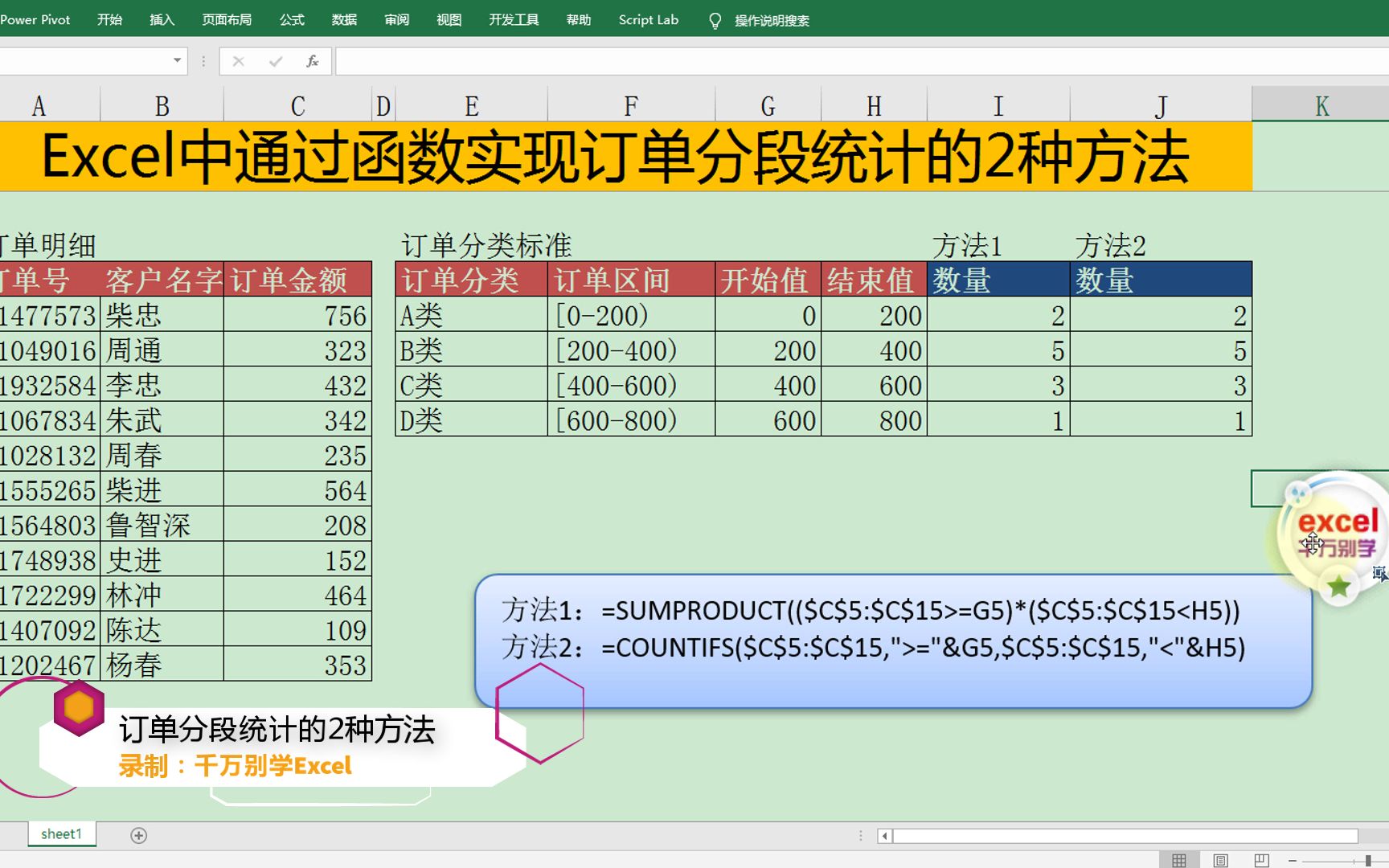 [图]Excel中通过函数实现订单分段统计的2种方法