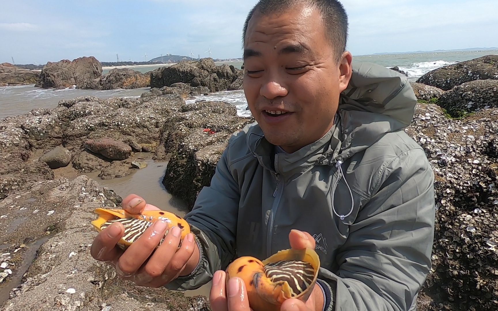 大熊赶海舀干上次来不及的水坑,摸到夫妻搭档,却差点被海水围困