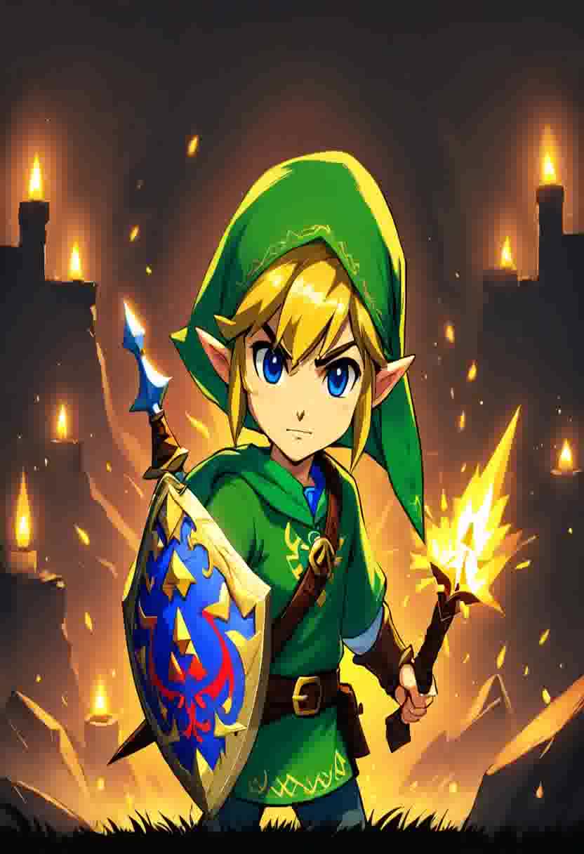 塞尔达传说中的q版林克角色在奇幻的风景中