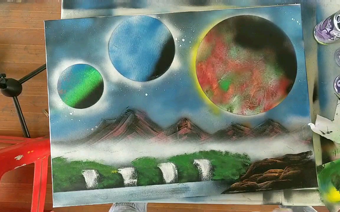 喷漆画星空下的山脉教程