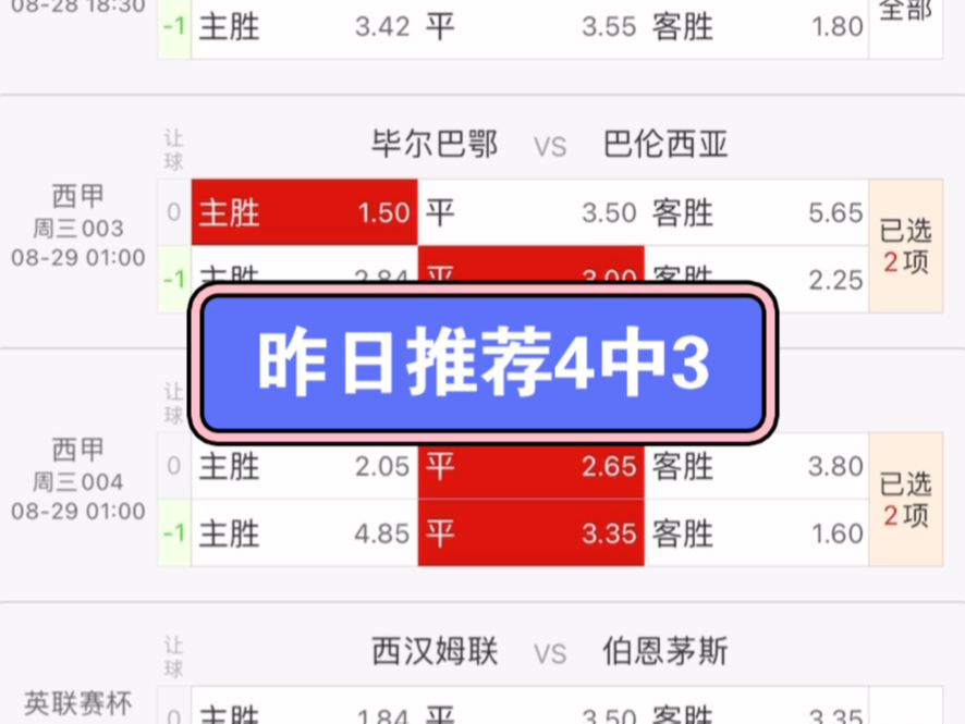 昨日推荐4中3今天视频开头充电宝子们听一下!8月28日推荐西甲:毕尔巴鄂竞技vs瓦伦西亚、巴拉多利德vs莱加内斯、皇家社会vs阿拉维斯、马德里竞技vs...