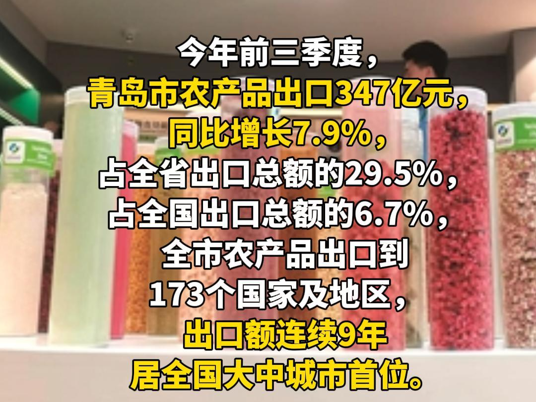 前三季度青岛农产品出口347亿元,同比增长7.9%,出口额连续9年居全国大中城市首位哔哩哔哩bilibili