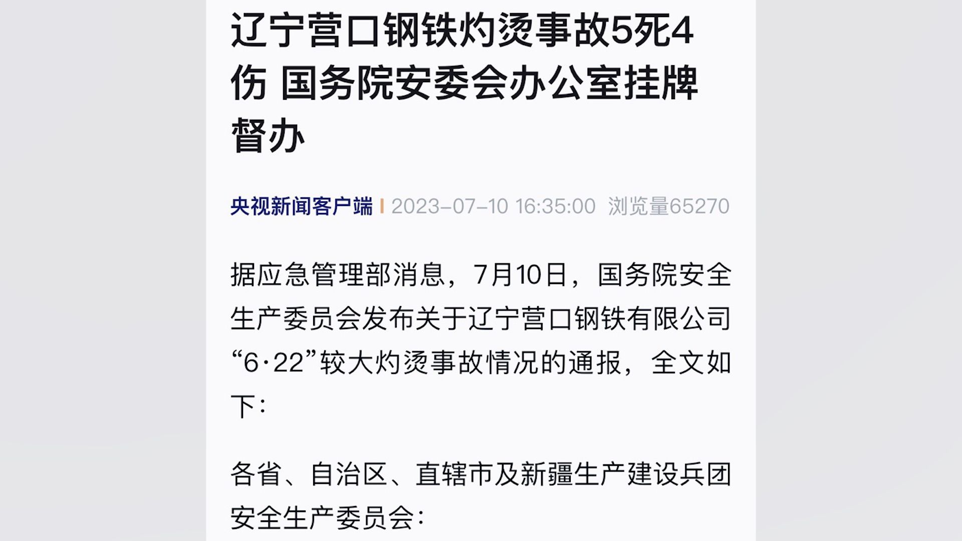 辽宁营口钢铁灼烫事故5死4伤 国务院安委会办公室挂牌督办哔哩哔哩bilibili