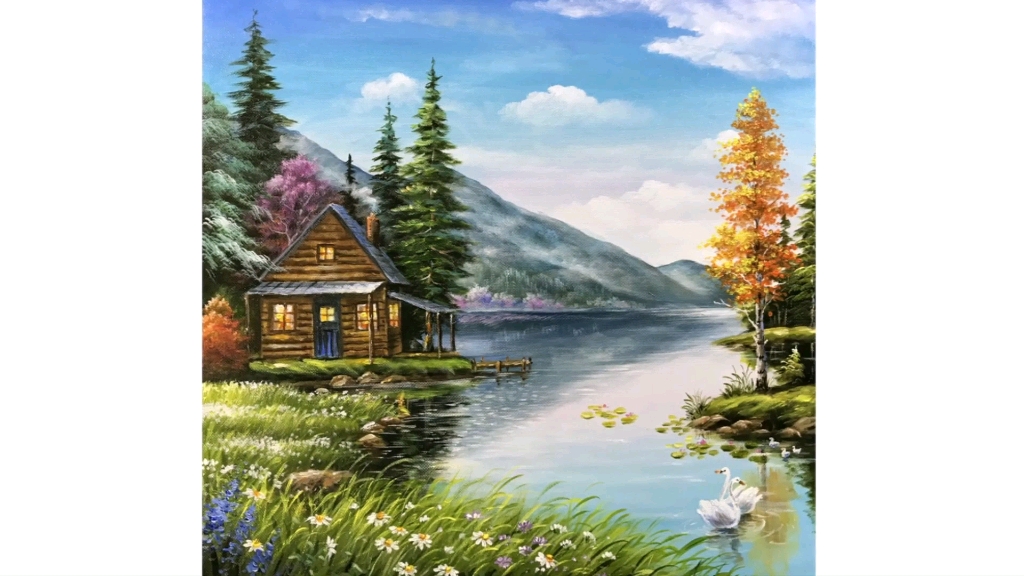 丙烯宁静的湖边小屋.治愈的画法,治愈的背景音乐.