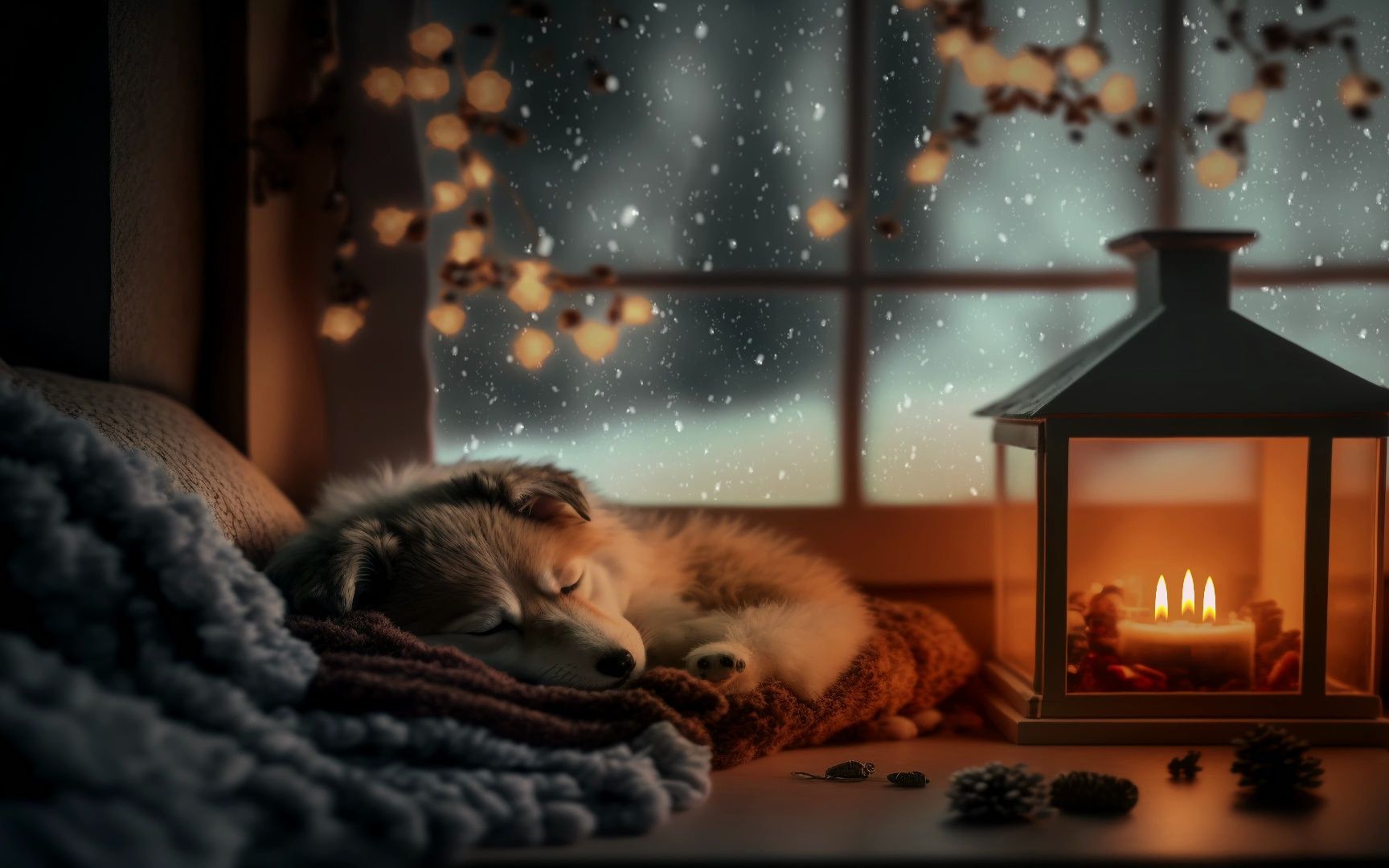 可爱狗狗享受雪天的温暖房间