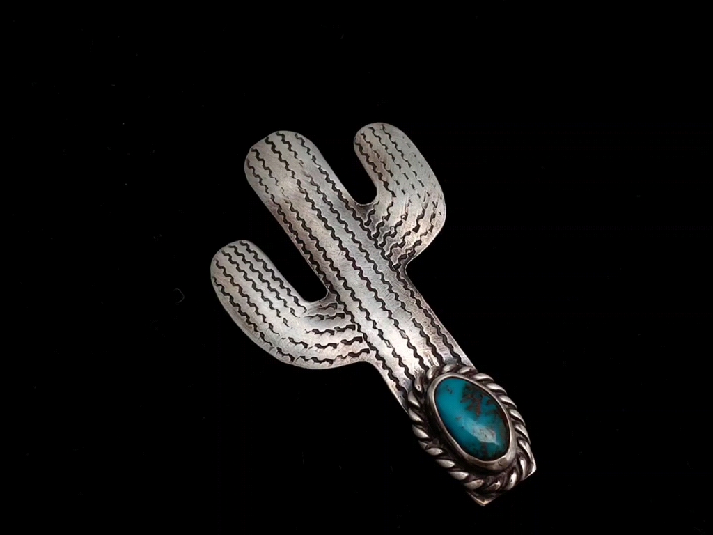 印第安银饰手工松石仙人掌胸针