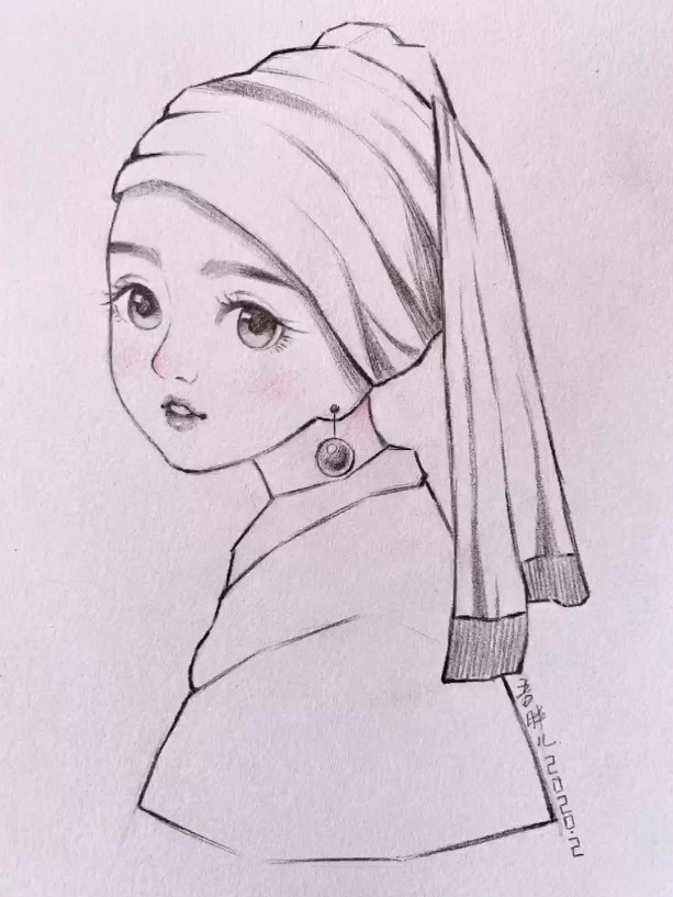 油画戴珍珠耳环的少女线稿改编,附步骤图