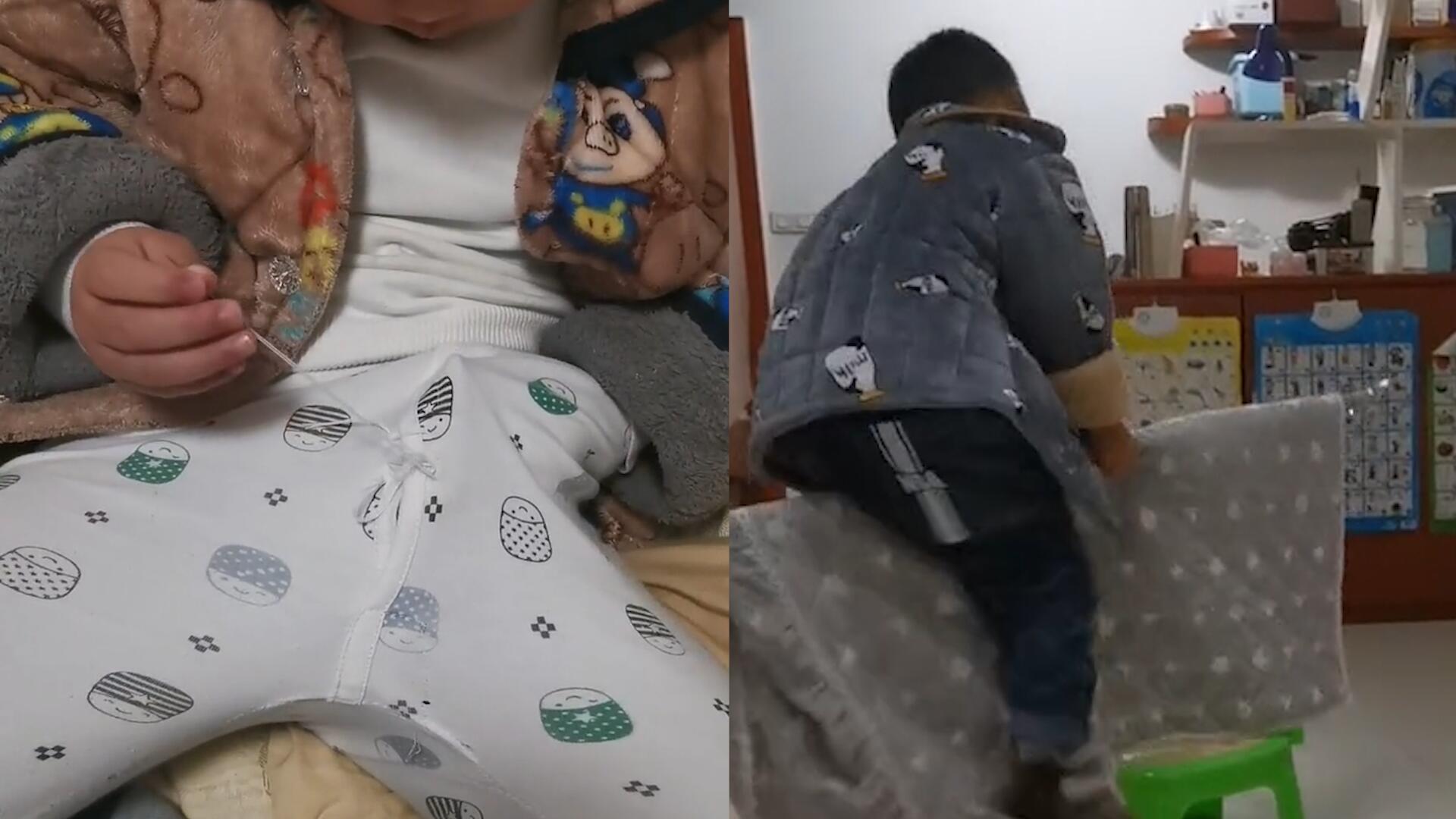 男孩嫌身上的秋裤开裆,立马拿出针线缝补,网友仔细一看瞬间爆笑_哔哩