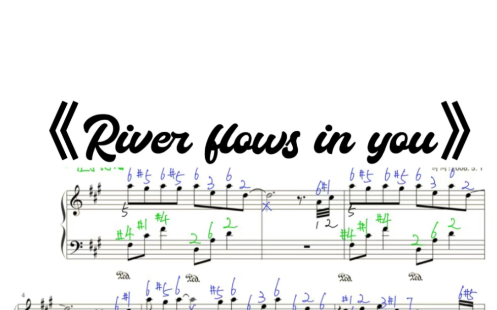 [图]《River flows in you》钢琴示范｜已注简谱和指法｜-蓝色数字为右手简谱-绿色数字为左手简谱-黑色数字为指法