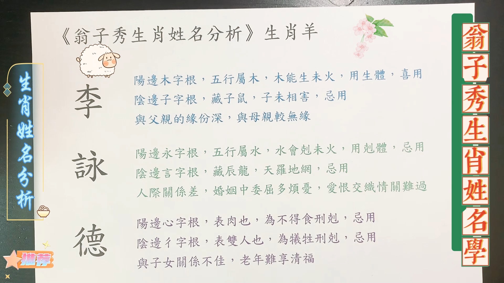 《翁子秀姓名学》【生肖姓名分析】《李咏徳》哔哩哔哩bilibili