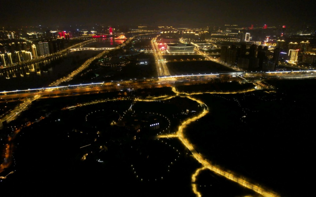 航拍西安浐灞生态区美景夜拍一角