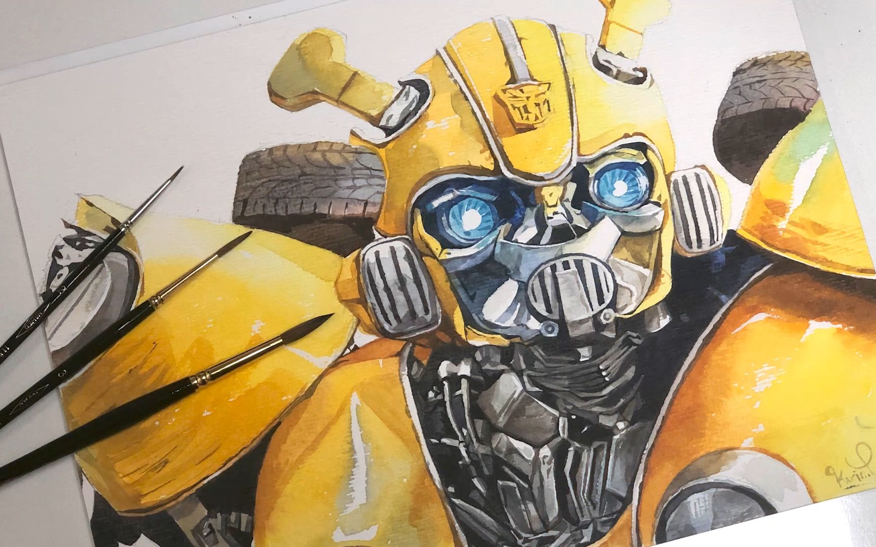 【手绘兵器铺】漫画人物水彩绘画过程上色演示,大黄蜂