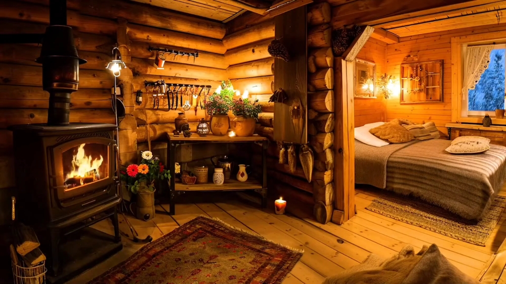 舒适温暖的卧室场景壁炉燃烧的爆裂声和放松的雪景有助于缓解压力消除