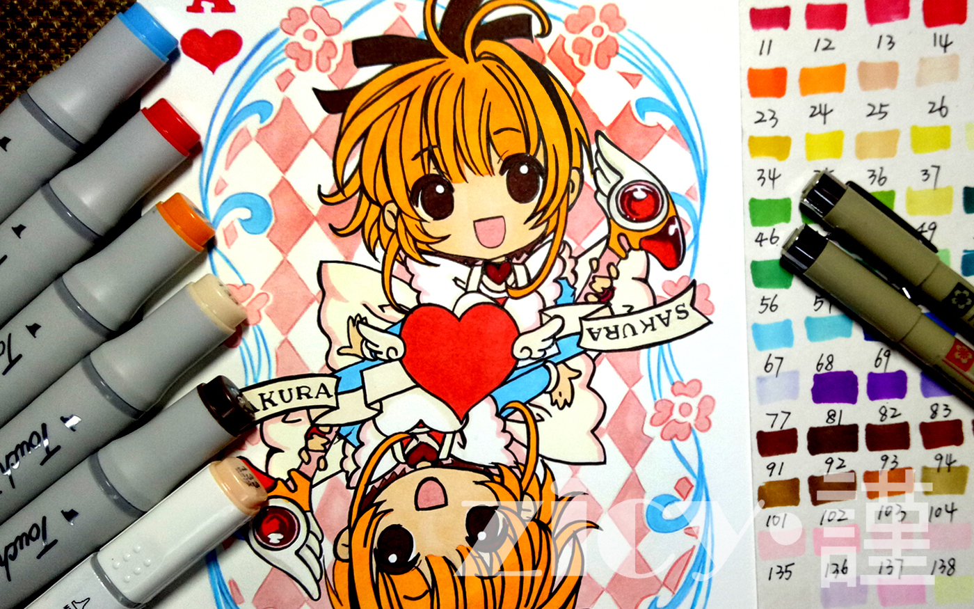 马克笔手绘用6种颜色平涂两个sakura酱