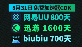 Download Video: 8月31日UU加速器免费800天兑换码！迅游1600天兑换码！biubiu700天！古怪/AK的兑换口令！周卡/月卡/天卡 口令码！人手一份！先到先得！