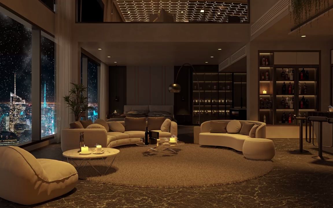 舒适的在公寓客厅中看城市的夜景在纽约-悠闲的听爵士钢琴音乐,放松