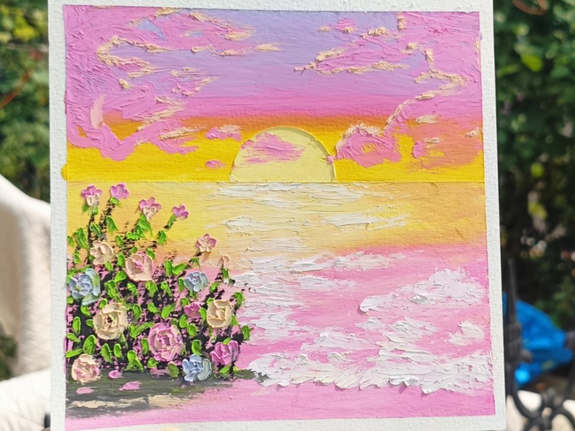 落日余晖中的梦幻花海～油画棒教程(保姆级)