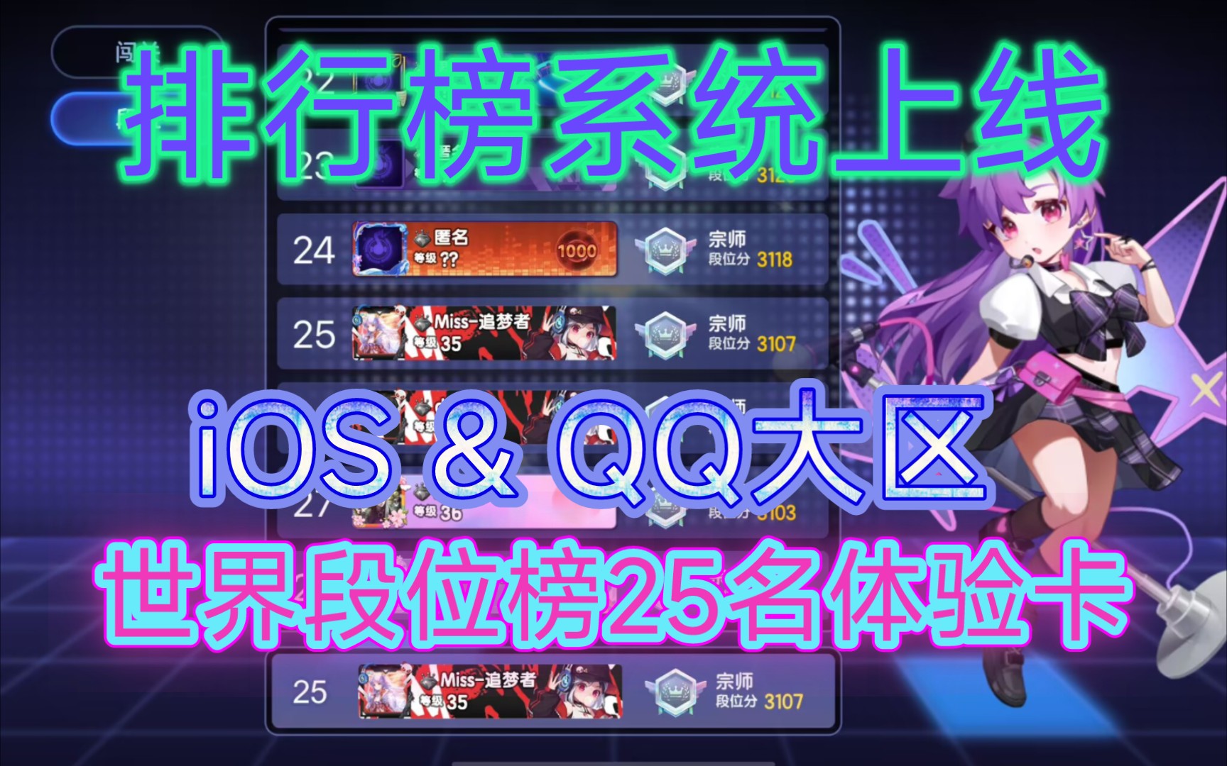 【节奏大师/宗师3100达成】喜提iOS&QQ大区世界段位榜第25名体验卡!!!音游热门视频