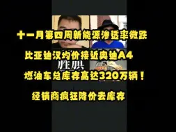 Tải video: 十一月第四周新能源渗透率微跌至40.18%，比亚迪汉均价接近奥迪A4，燃油车总库存高达320万辆！经销商疯狂降价去库存（孙少军直播切片加字幕）