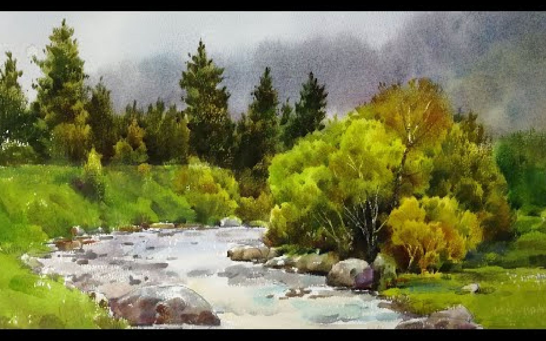 水彩山水画在森林里的小溪