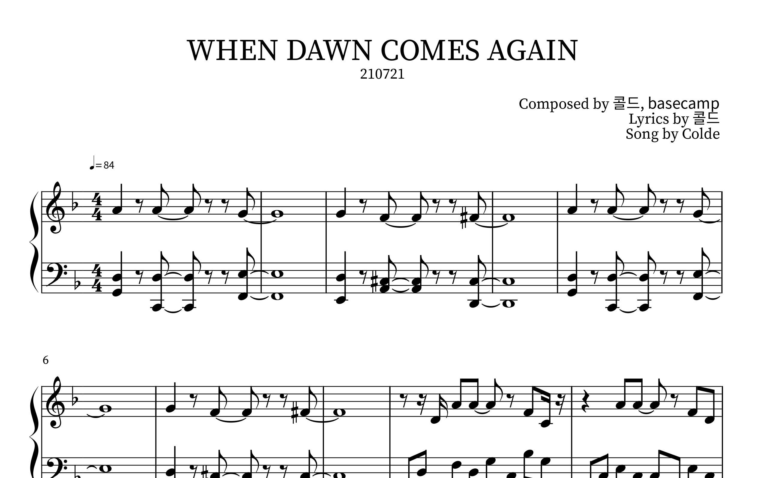 [图]Colde - When Dawn Comes Again(當黎明再次到來) Feat. BAEKHYUN(伯賢) Piano Sheet(鋼琴譜)