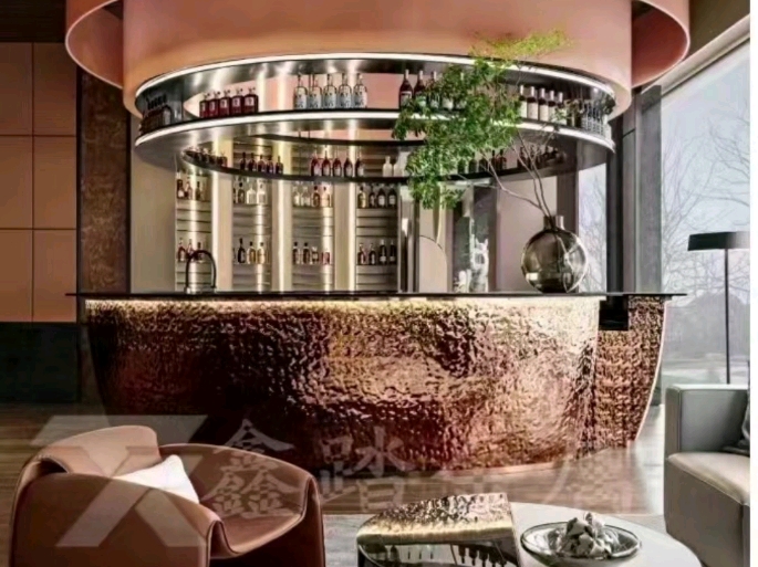 北京宝格丽酒店圆形吧台 不锈钢水波纹圆形吧台 水波纹不锈钢玫瑰金