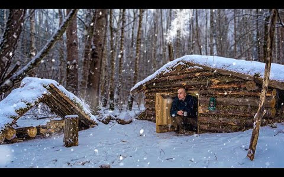 【life in the wild】在温暖的冬季庇护所过夜,烹饪美食,完成澡堂