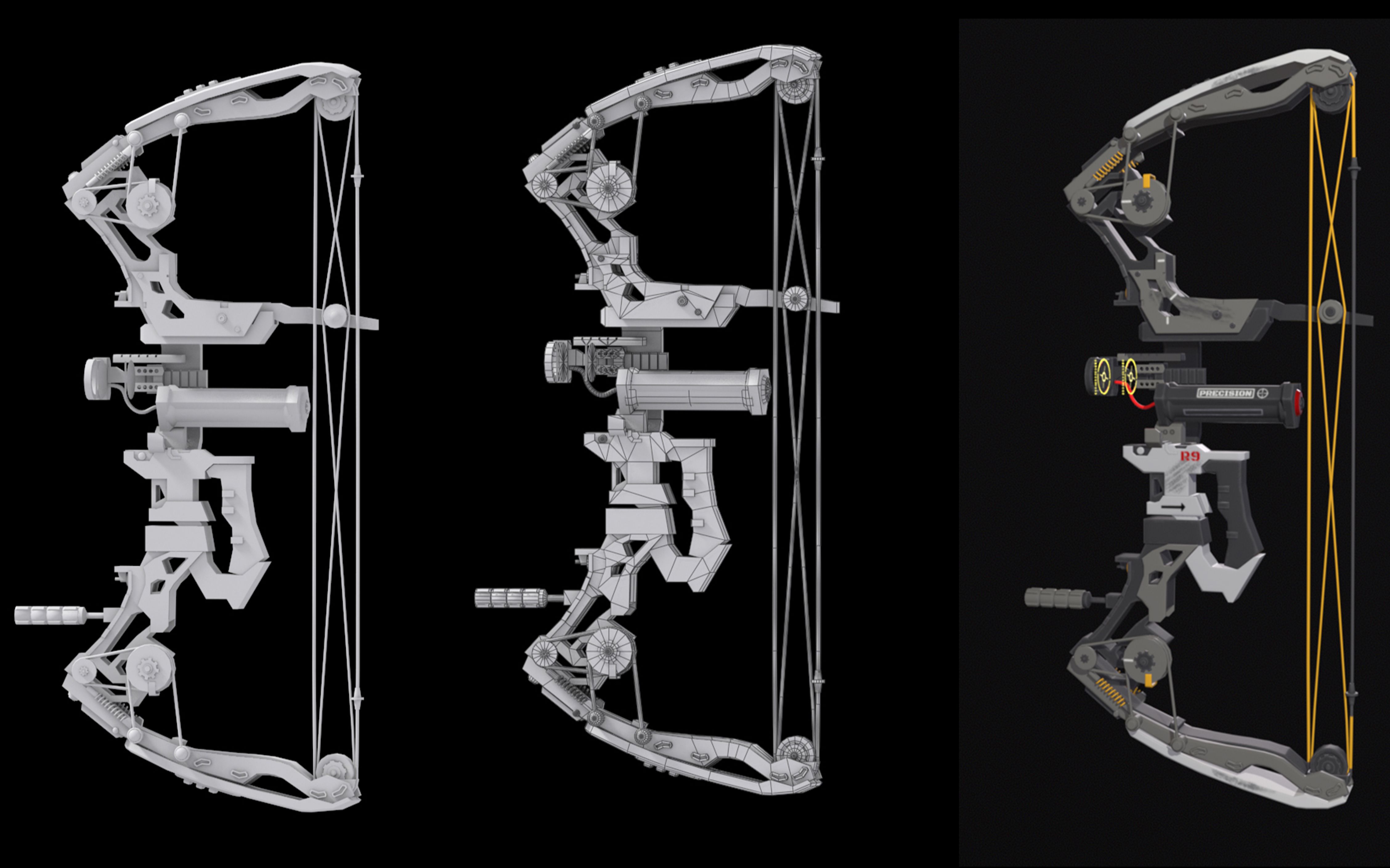 3dmax次世代全流程武器建模:科幻复合弓箭模型制作 布线卡线 uv拆分