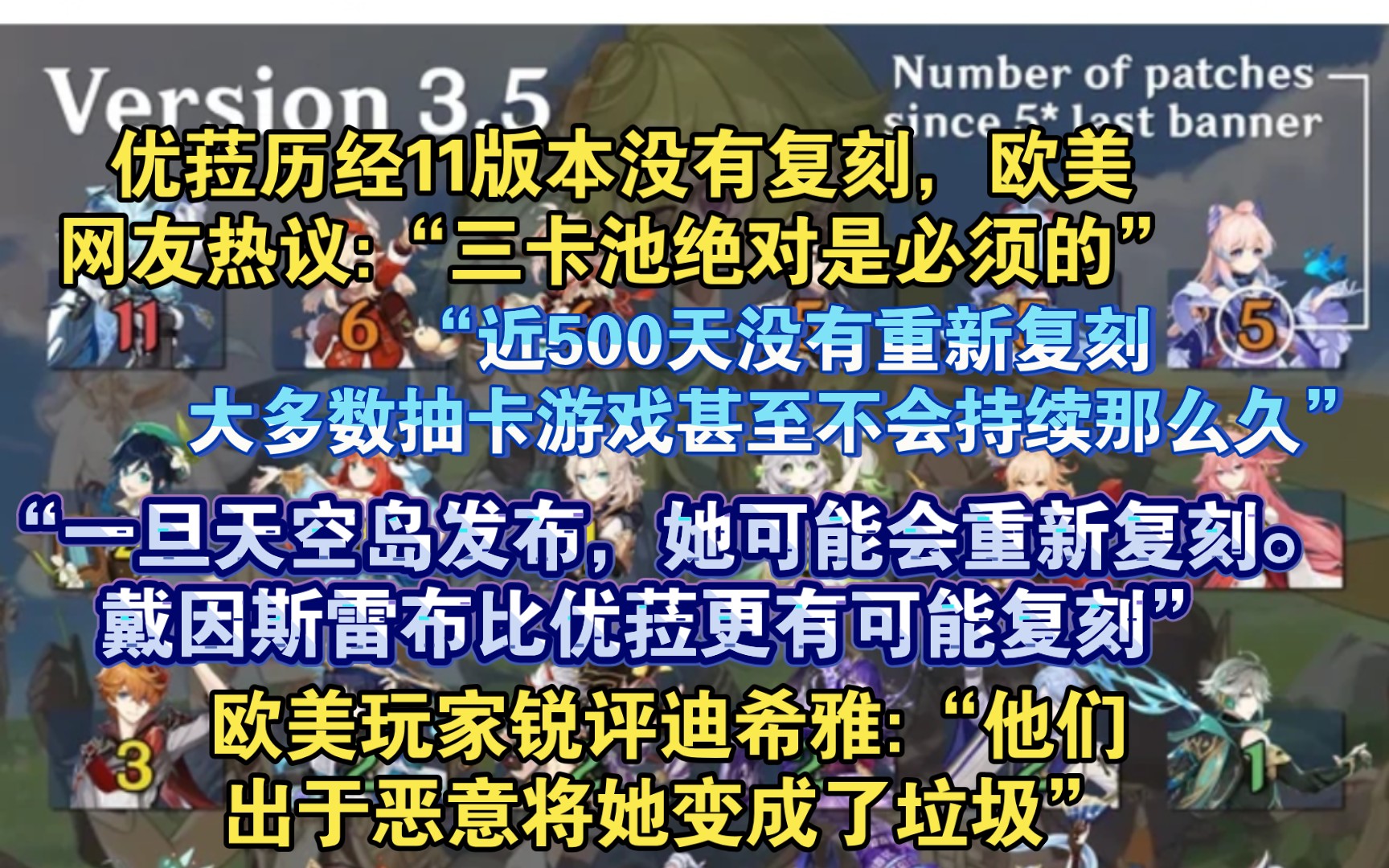 【原神熟肉】三卡池是必须的,欧美玩家热议优菈近五百天11个版本还没复刻:“我觉得三卡池绝对是必须的,更多的角色和新地区会让人对角色等待太久”...