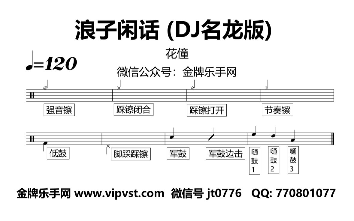 [图]【金牌乐手网】1064.花僮 - 浪子闲话 (DJ名龙版) 鼓谱 动态鼓谱 无鼓伴奏 drum cover