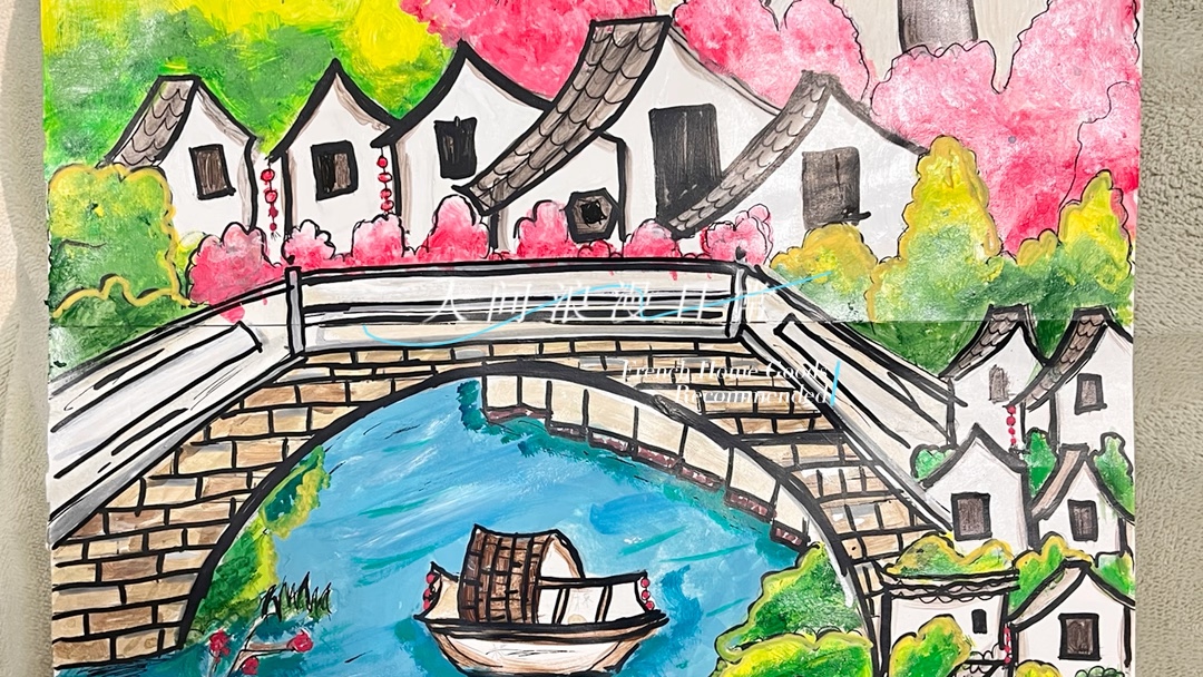 小桥流水人家绘画简单图片