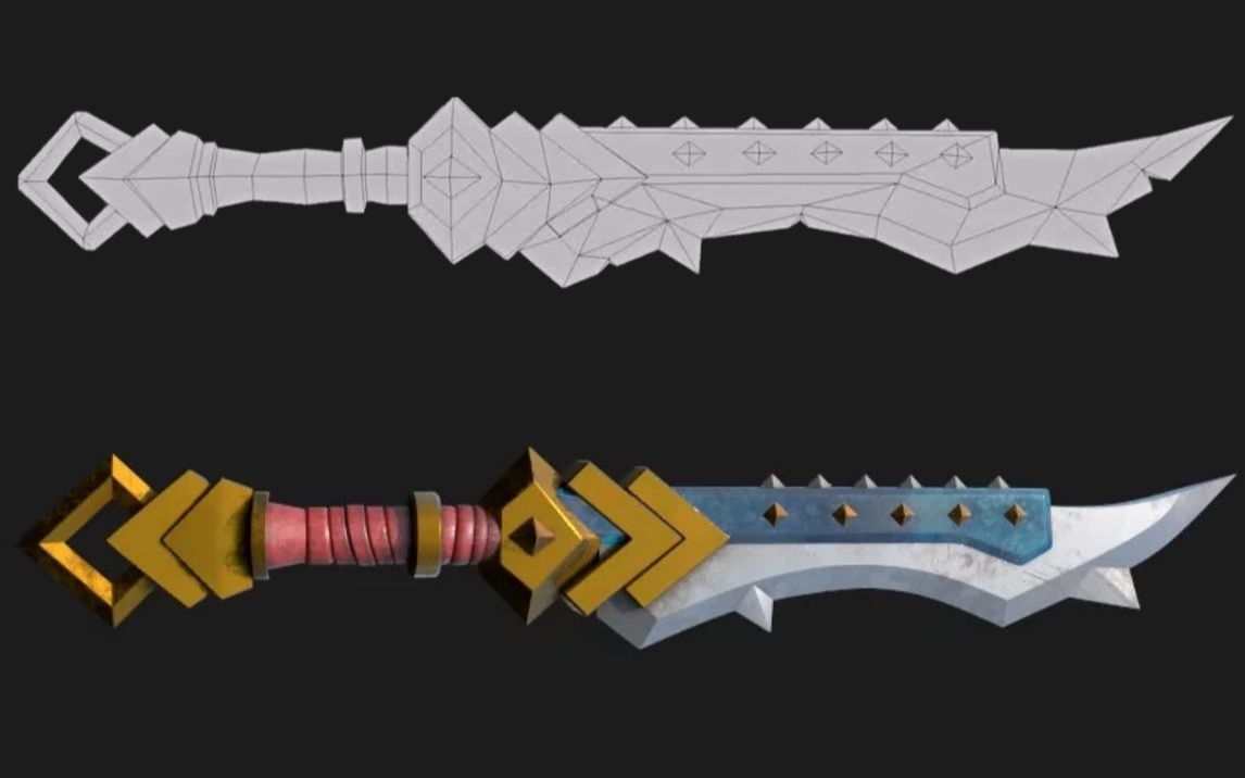 【次世代建模】游戏武器模型制作教学 | 低模布线 uv拆分 材质贴图全