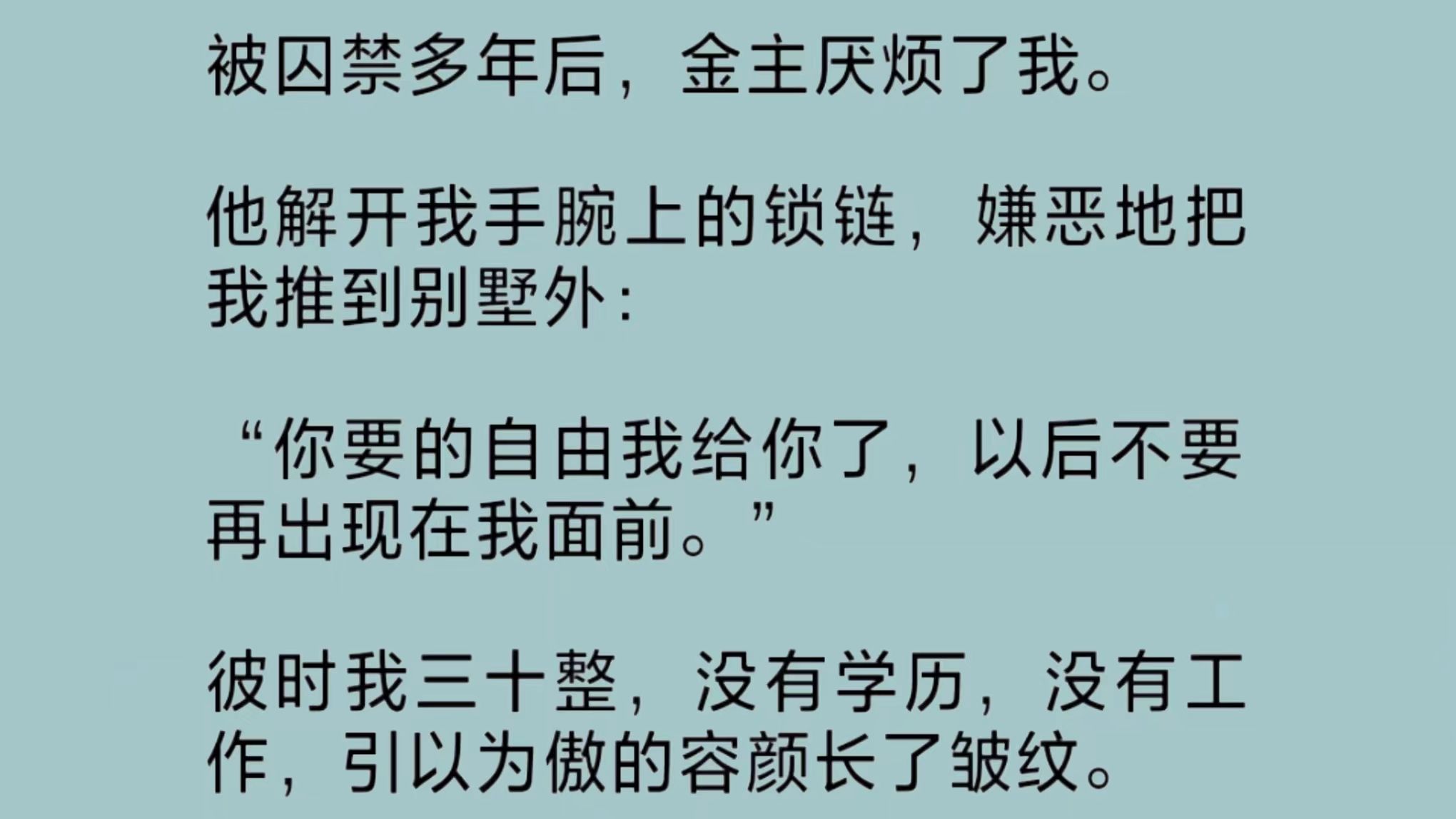 三十岁的我被金主厌弃后,没有学历,没有工作,引以为傲的容颜长了皱纹.连去酒吧陪酒,都被嫌弃地赶走.所有人都说我这辈子完蛋了.而我偏不认输…...