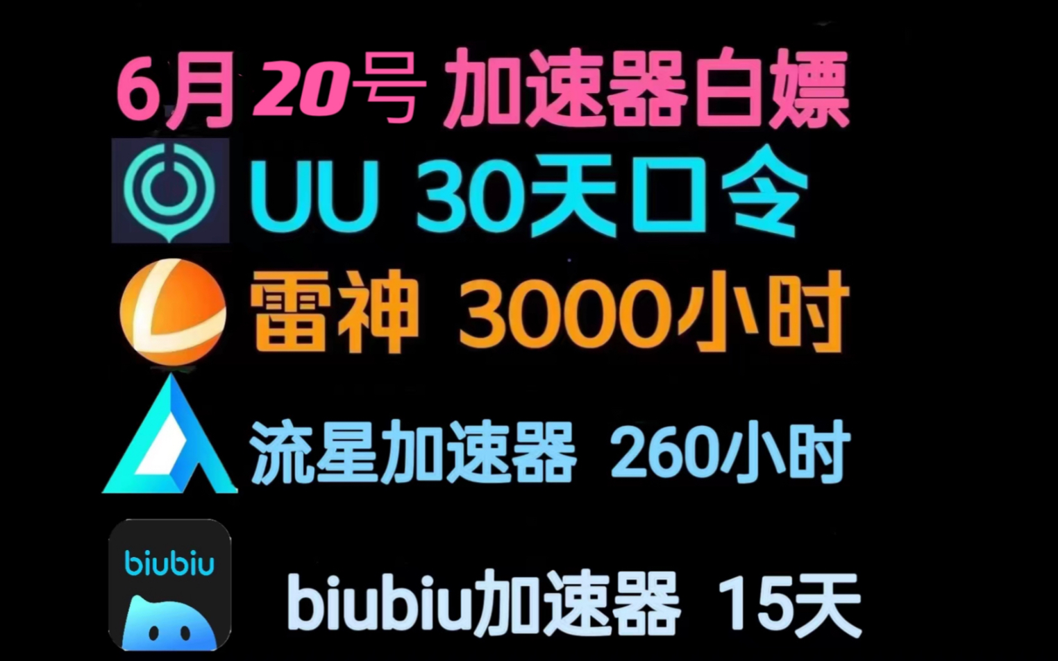 最新UU,biubiu,雷神,流星加速器50小时免费时长兑换码,人人都可免费白嫖的雷神迅游各牌时长兑换码白嫖uu月卡免费兑换网易UU加速器时长口令哔哩...