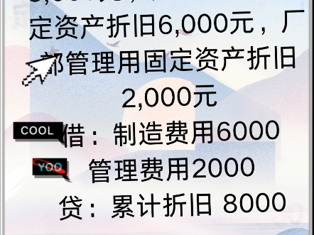 15计提固定资产折旧8,000元其中生产用固定资产折旧6,000元厂部管理用固定资产折旧2,000元借:制造费用6000管理费用2000贷:累计折旧 8000哔哩哔哩...