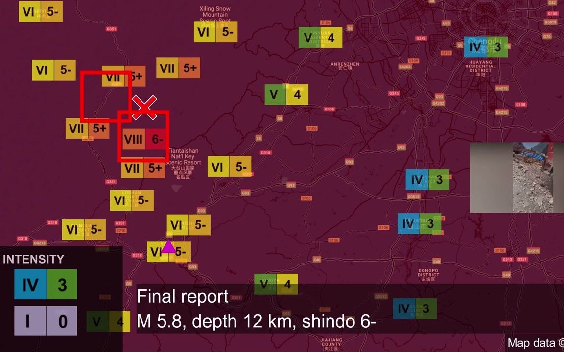 [图]2022年6月1日四川雅安芦山地震，5.8~6.1级，设想的紧急地震速报，地震模拟。