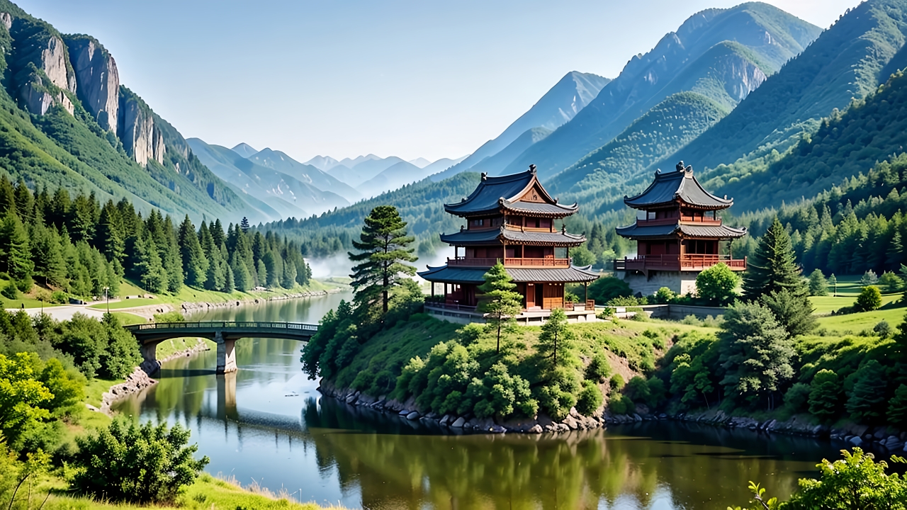 古风插画10山中阁楼云雾绕了