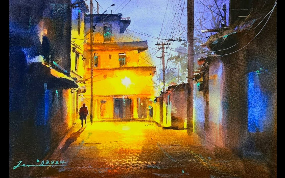 城市中夜晚的光影--让我们用水彩记录下这一刻--javid tabatabaei