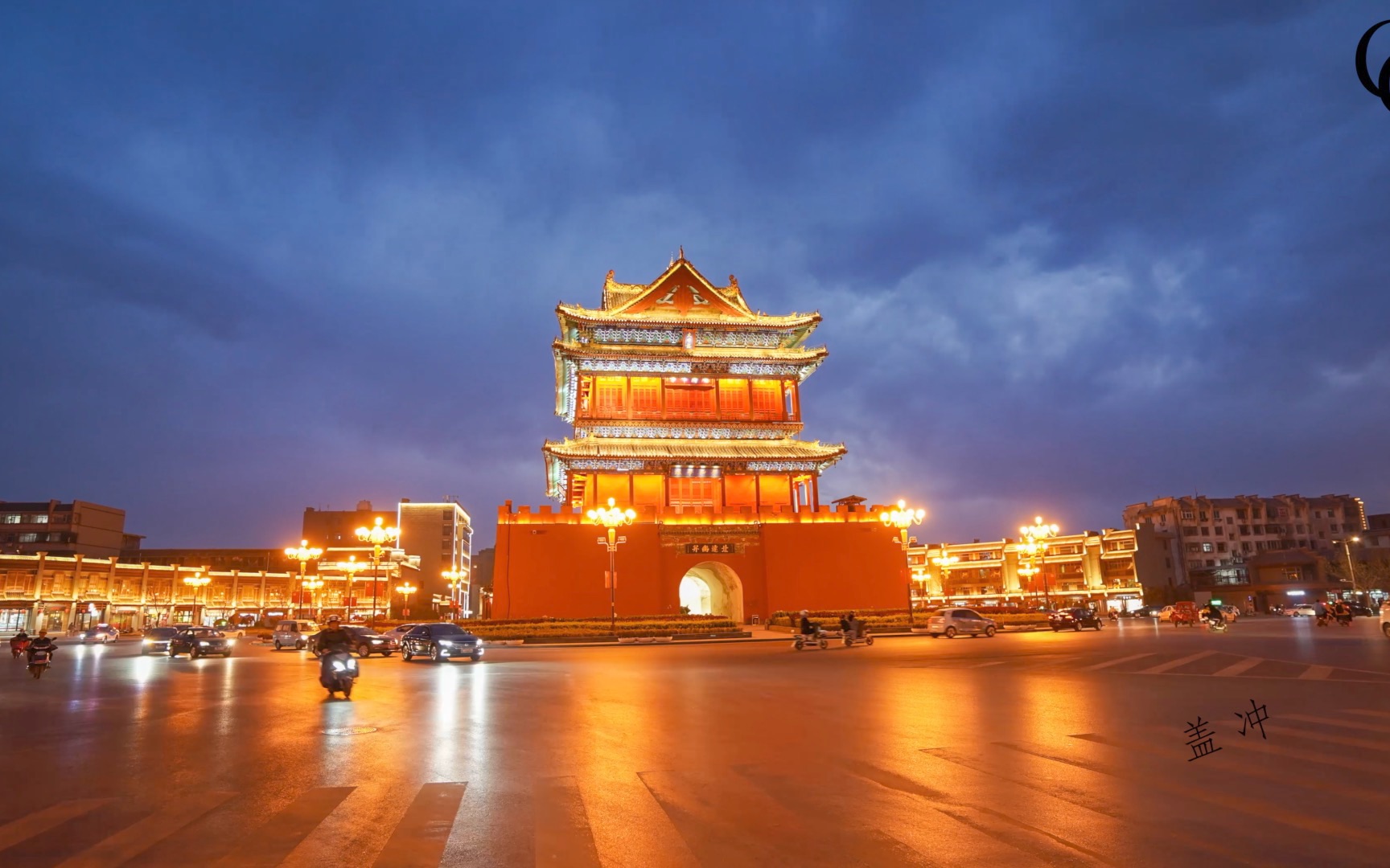 临汾鼓楼航拍夜景延时