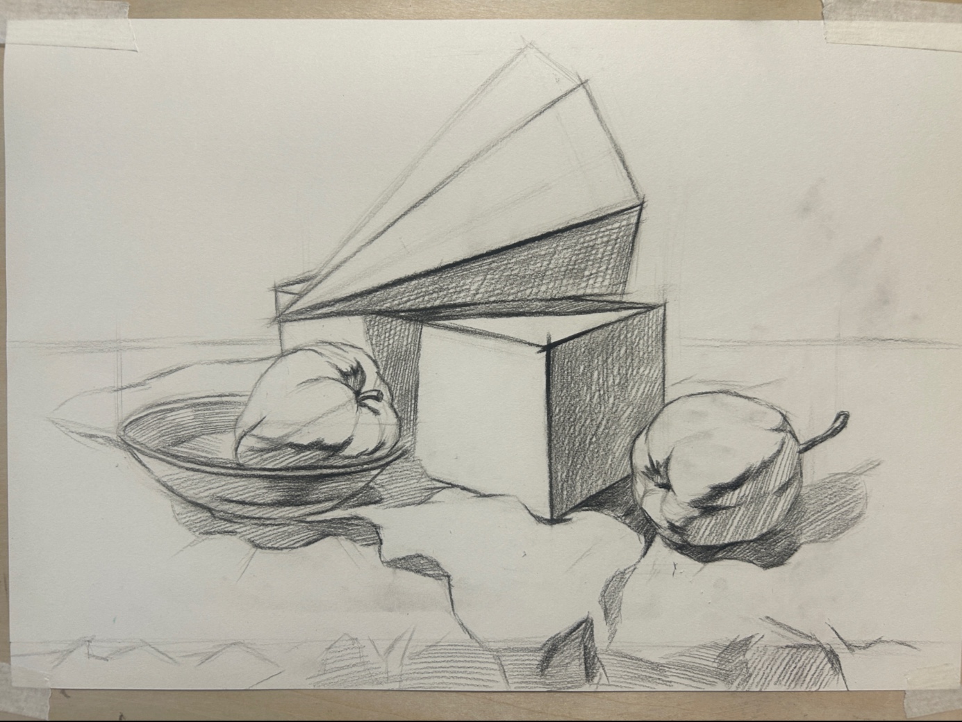 结构素描第二步铺调子,拎框架和交界线投影