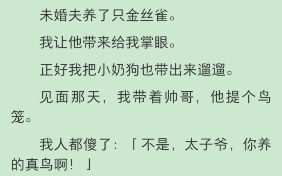 【完结】未婚夫养了只金丝雀.我让他带来给我掌眼.正好我把小奶狗也带出来遛遛.见面那天,我带着帅哥,他提个鸟笼.我人都傻了:「不是,太子爷,...