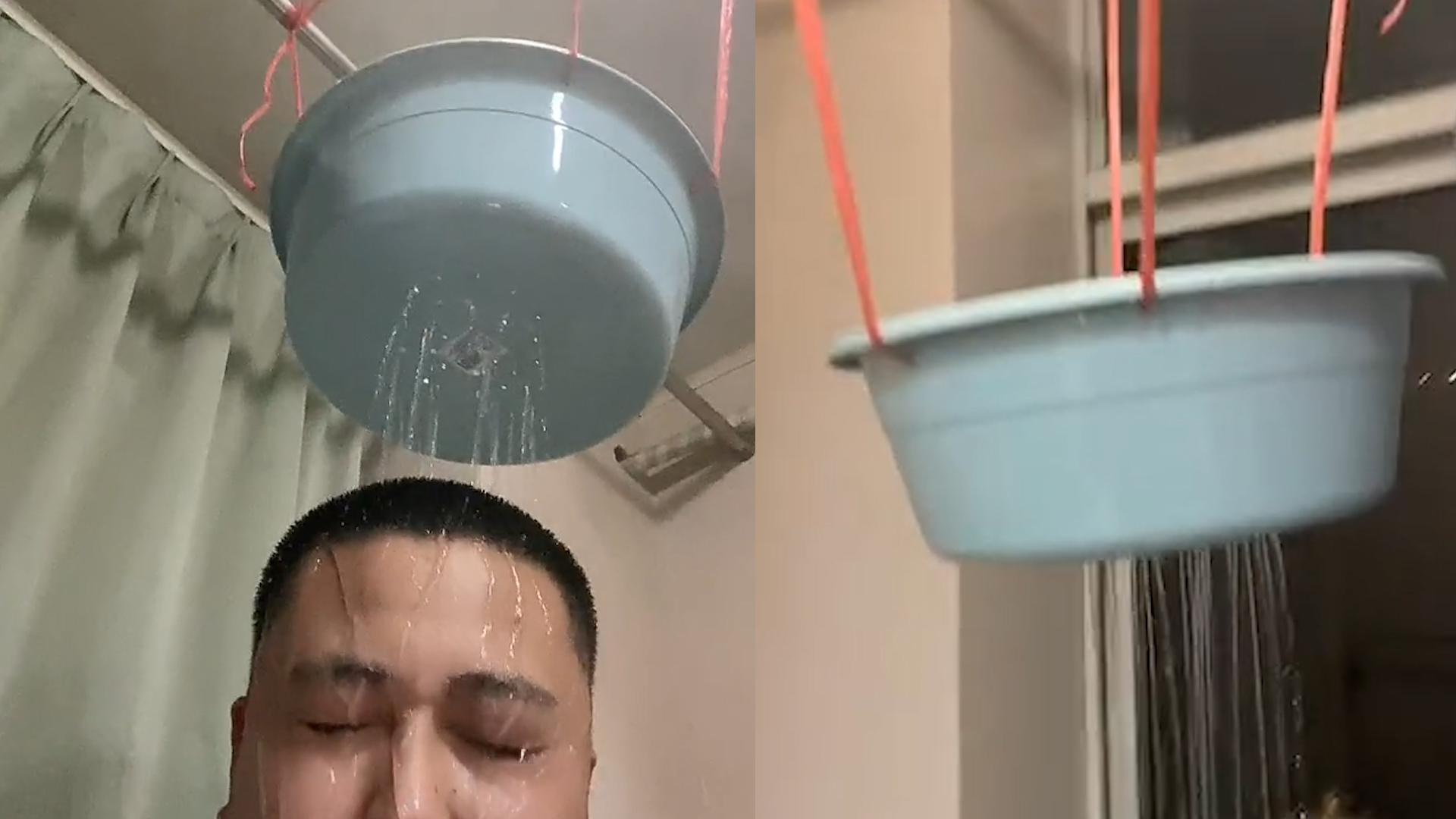 因疫情被隔离学生宿舍,男子用盆自制花洒,实现"淋浴自由"