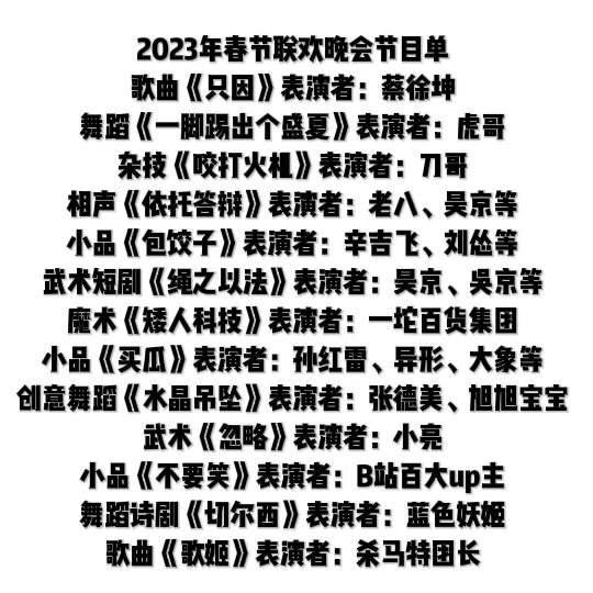 [图]2023年春晚节目单来了，你最喜欢那个节目说一说