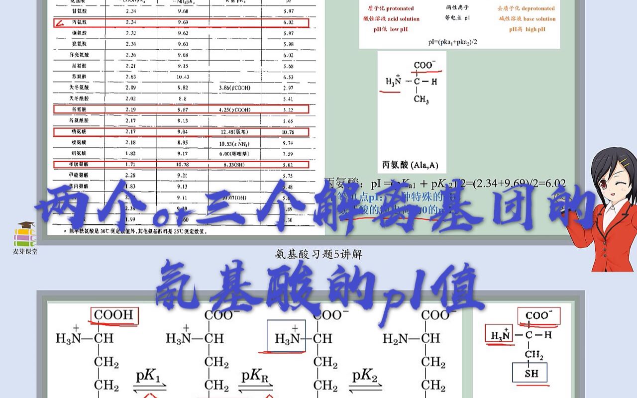 生物化学氨基酸习题5.根据表33中氨基酸的pKa值,计算下列氨基酸的pI值:丙氨酸、半胱氨酸、谷氨酸和精氨酸哔哩哔哩bilibili