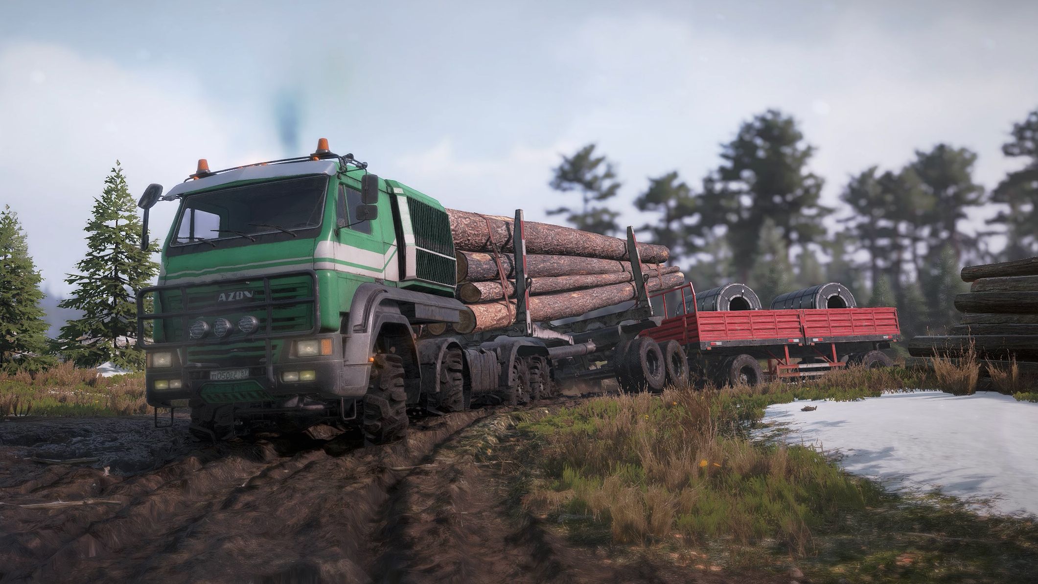 【雪地奔驰】河流有灵 亚速64131木材运输车 火星物理 刺激过弯 翻车